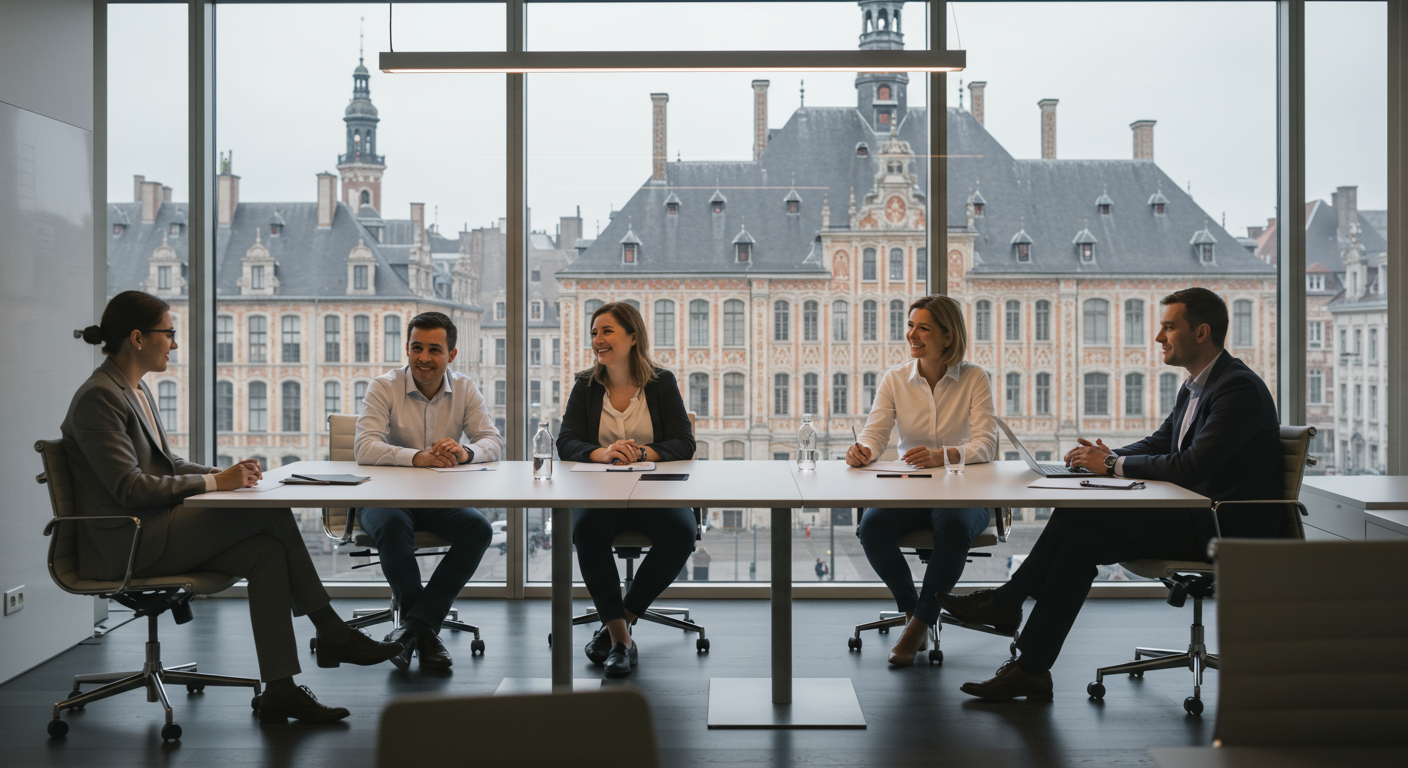 expertise-cession-d-entreprise-lille Cinq personnes qui discutent de cession d'entreprise à Lille